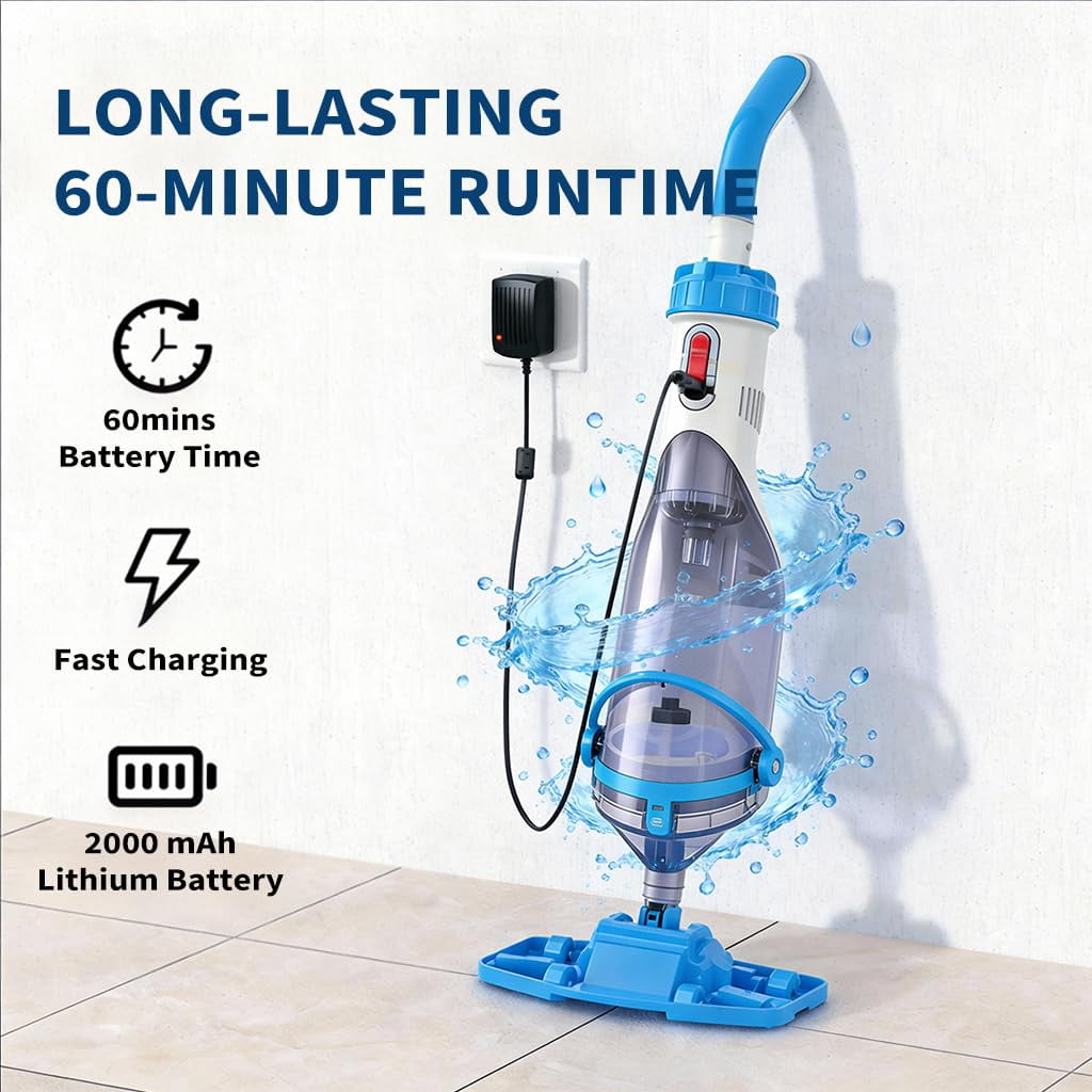 Cordless Pool Vacuum with Telescopic Pole, 18.5 GPM Powerful Suction, 60 Min Runtime, Handheld Rechargeable Pool Vacuum Cleaner for Above Ground/Inground Pools Hot Tubs Spas