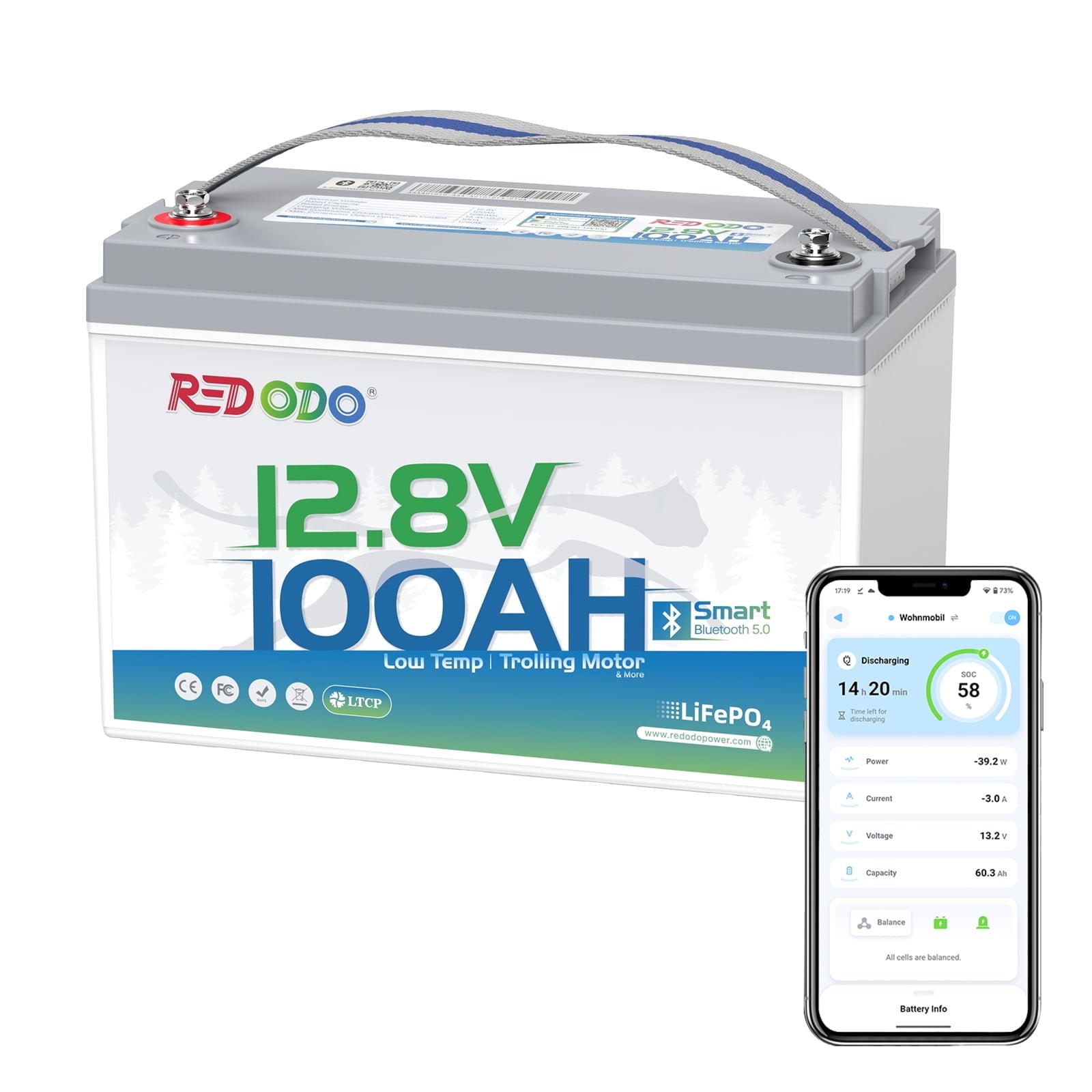 Redodo 12V 100Ah LiFePO4 Battery Bluetooth 100A BMS Remote Control Lithium Battery Low-Temp Protection for Trolling Motor RV
