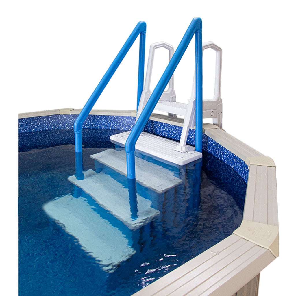 Aqua Select White Anti-Slip Pool Steps with White Steps and White Outside Flip-up Safety Ladder, 48-54H